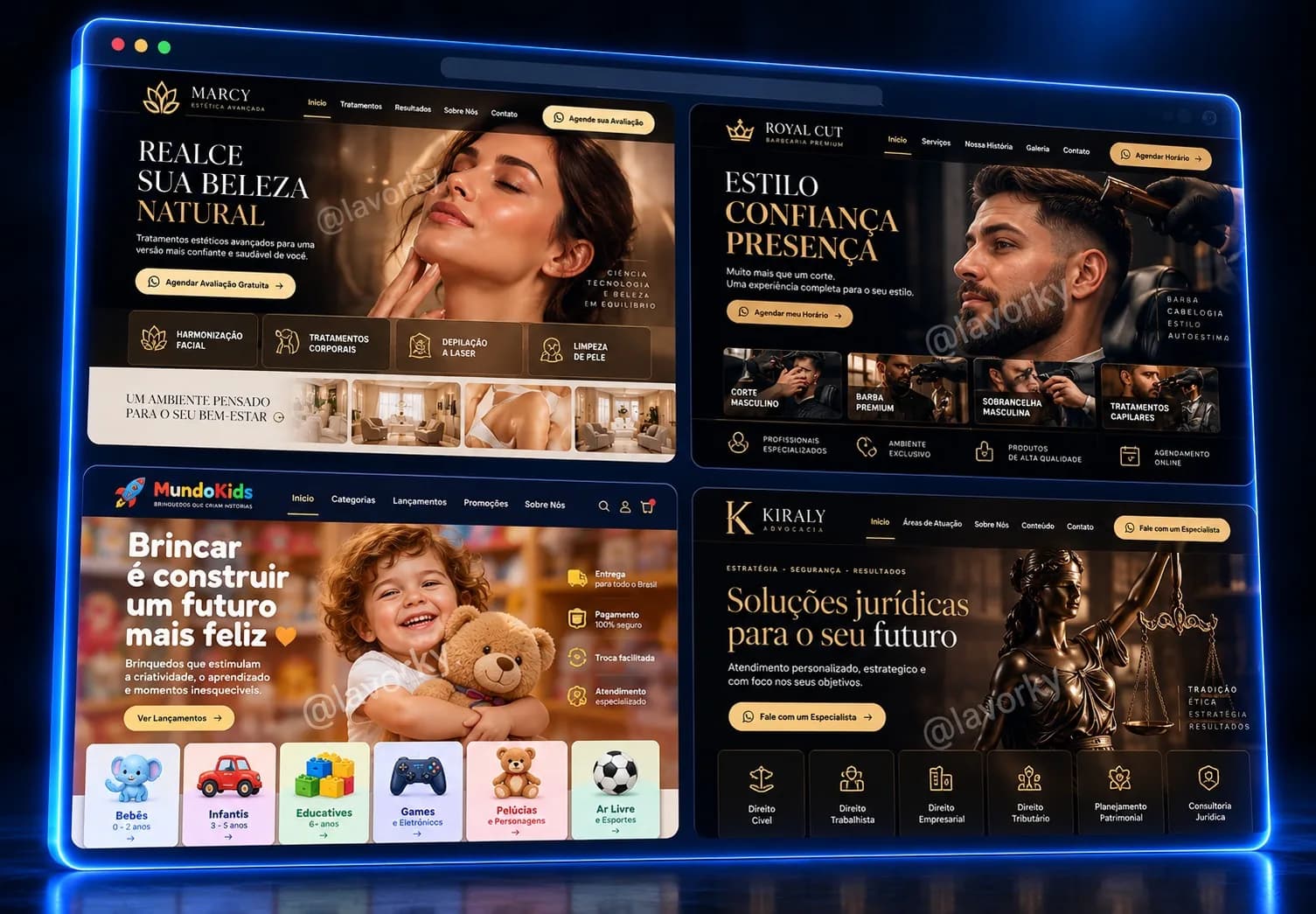 Exemplos de sites e landing pages criados pela Lavorky, exibidos em um tablet.